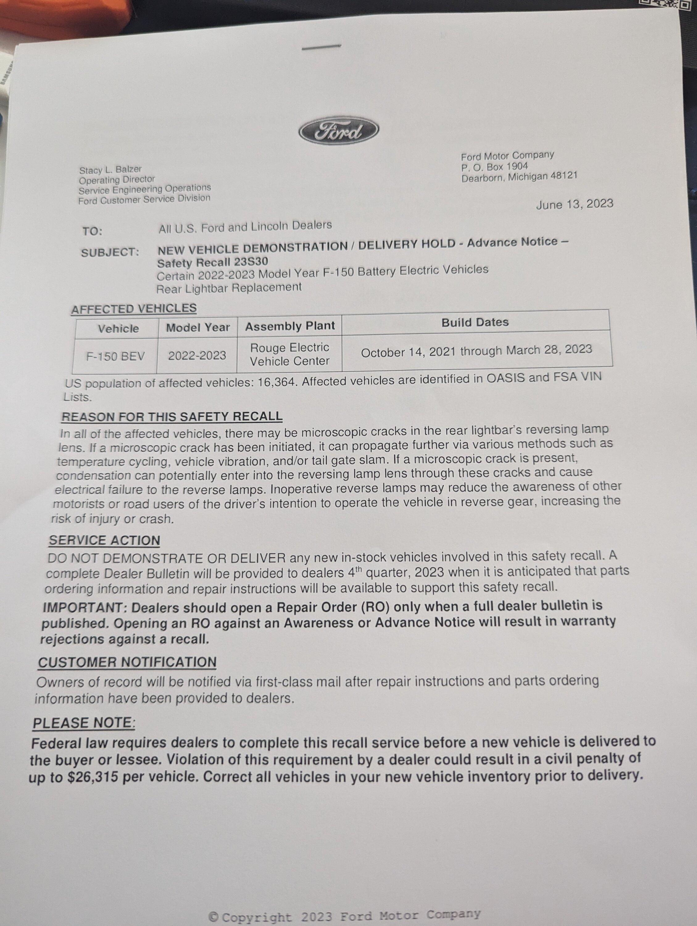 Ford F-150 Lightning TSB/Safety Recall 23S30: Rear Light bar Replacement for 2022-23 F-150 Lightning PXL_20230614_163301179