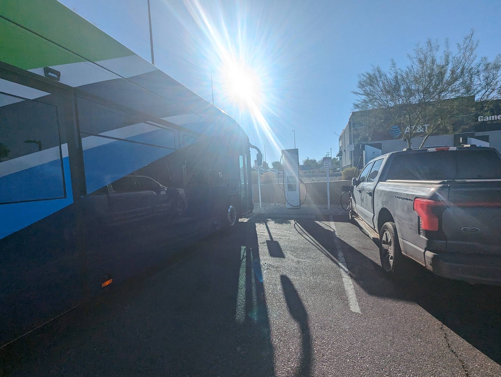 Ford F-150 Lightning Bus charging at the Barstow EA charging station. PXL_20240923_233956938