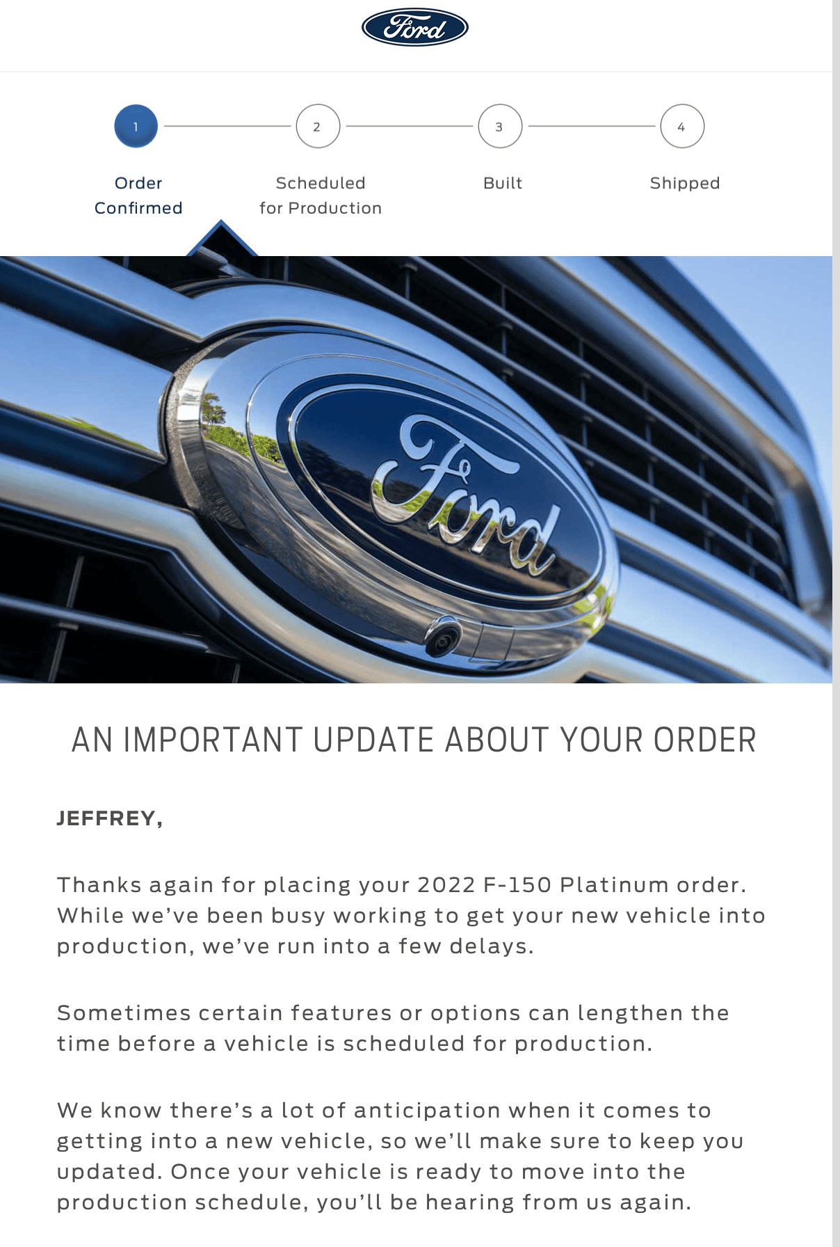 Ford F-150 Lightning Ford sent out (blanket spam) email: "An Important Update About Your Order" [Ford Official Comment] Screen Shot 2022-03-19 at 2.13.06 PM