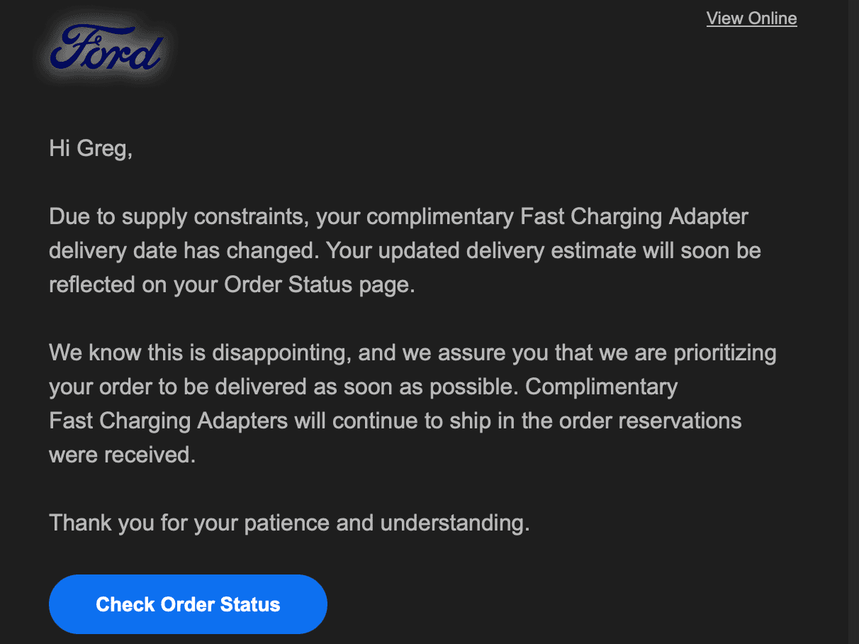 Ford F-150 Lightning Update: F-150 Lightning Fast Charging Tesla Adapters Start Shipping TODAY Per Ford! Screenshot 2024-04-26 at 1.11.06 PM