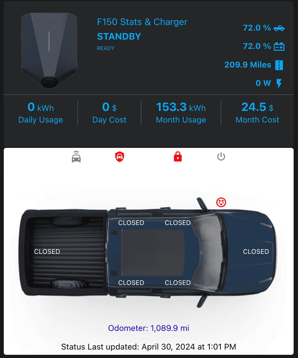 Ford F-150 Lightning Home Assistant - Ford F150 Lightning Dashboard. Screenshot 2024-04-30 at 1.01.49 PM