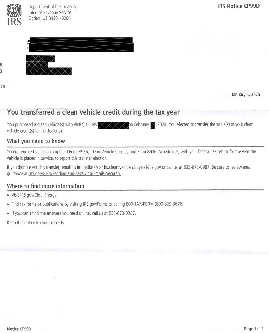 Ford F-150 Lightning IRS Notice CP99D Transferred Tax Credit letter 2025 Screenshot 2025-01-21 at 4.06.32 PM