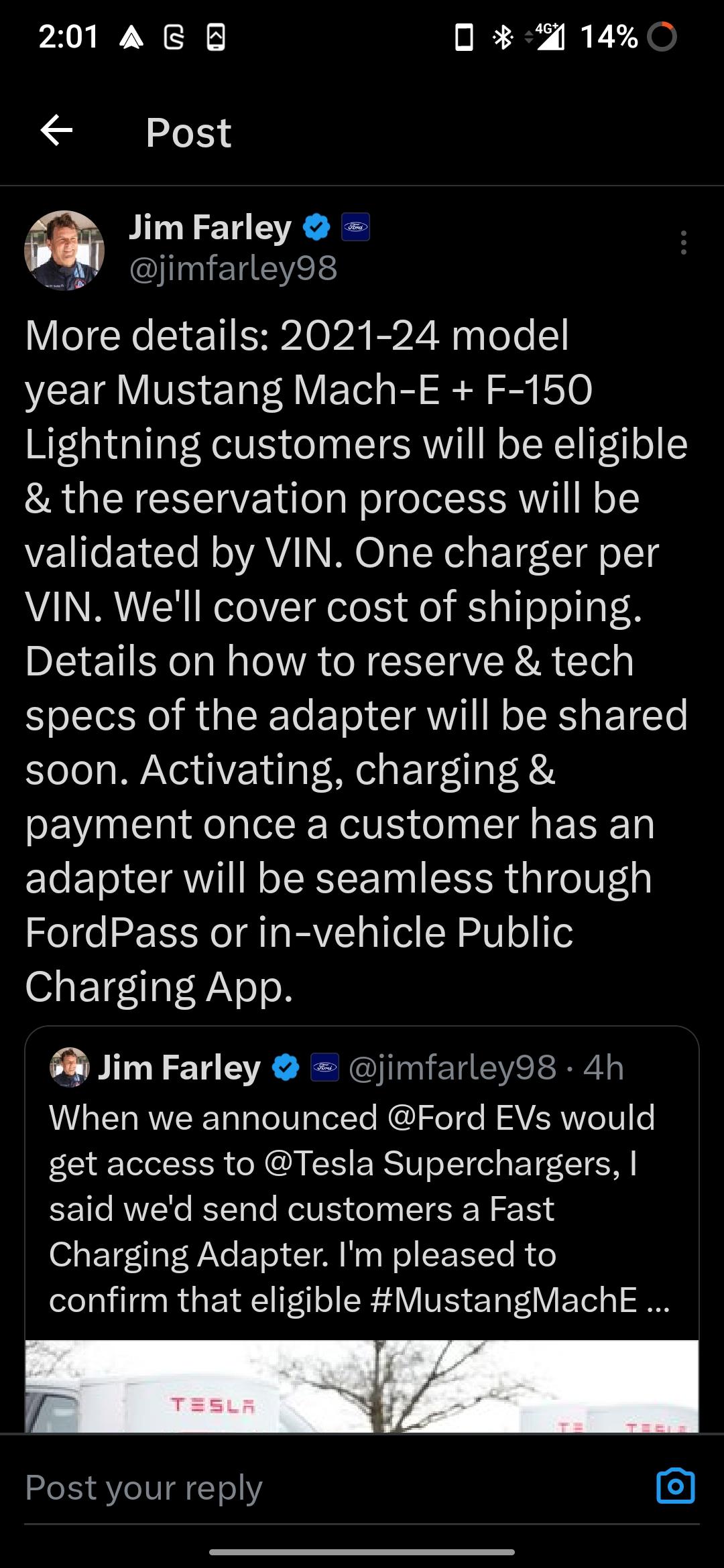 Ford F-150 Lightning Ford to Offer Complimentary Tesla Supercharger Adapter to Eligible Lightning Owners (1/31/24 Update) Screenshot_20240131-140122