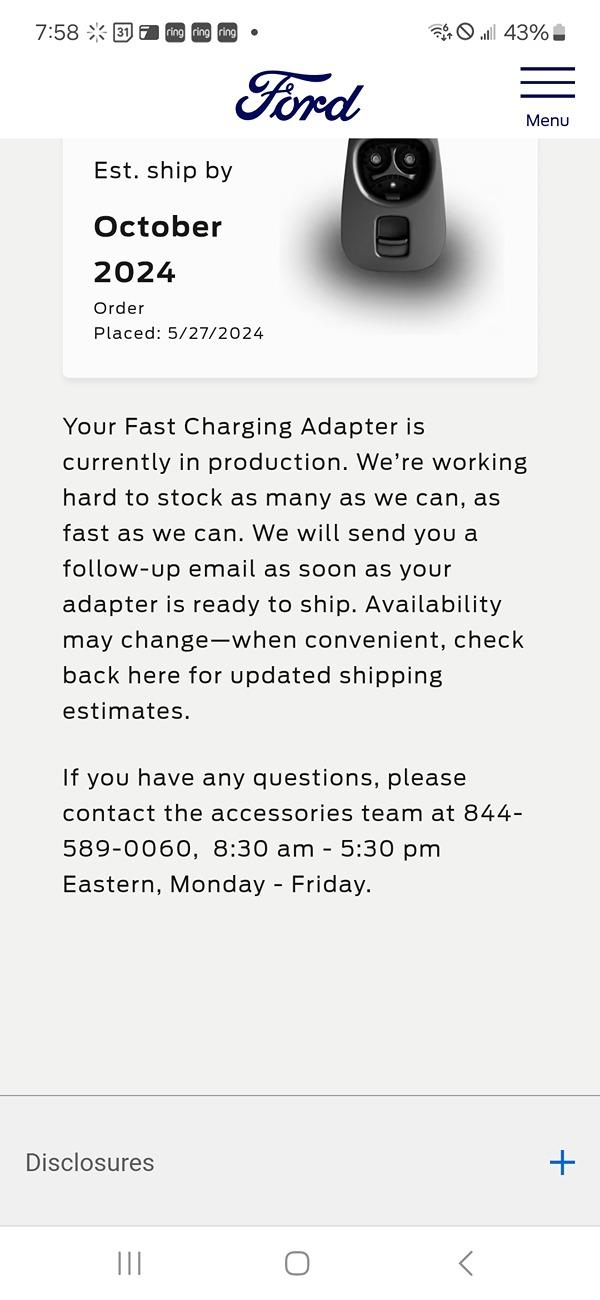 Ford F-150 Lightning Anyone else having trouble getting a Tesla adapter from Ford? Screenshot_20240902_075853_Chrome