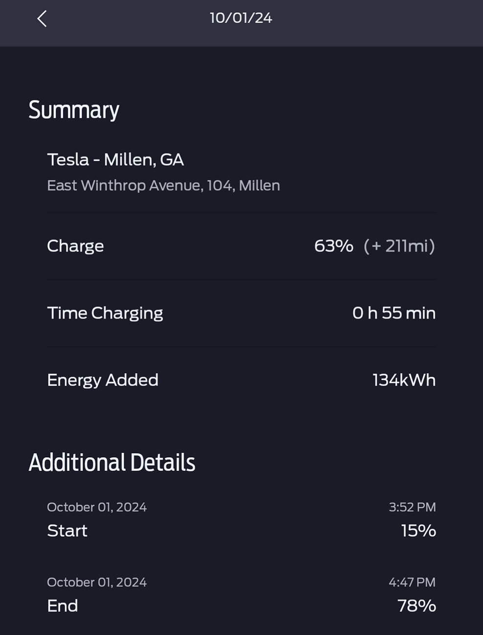 Ford F-150 Lightning Weird Tesla Supercharger Result - 134 kWh = 63% Screenshot_20241001-170225