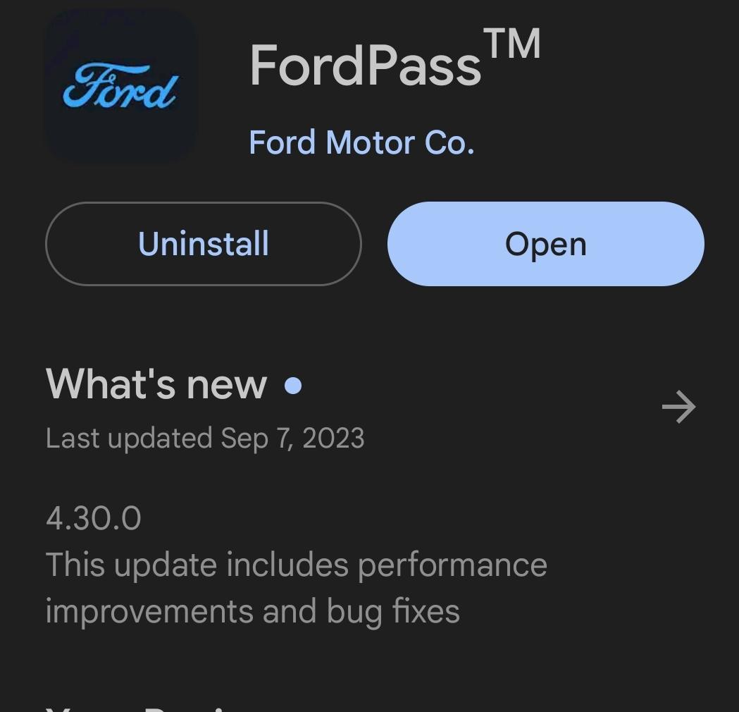 Ford F-150 Lightning FordPass 4.30.2 update (Performance & Bug Fixes v2) SmartSelect_20230912_081520_Google Play Store