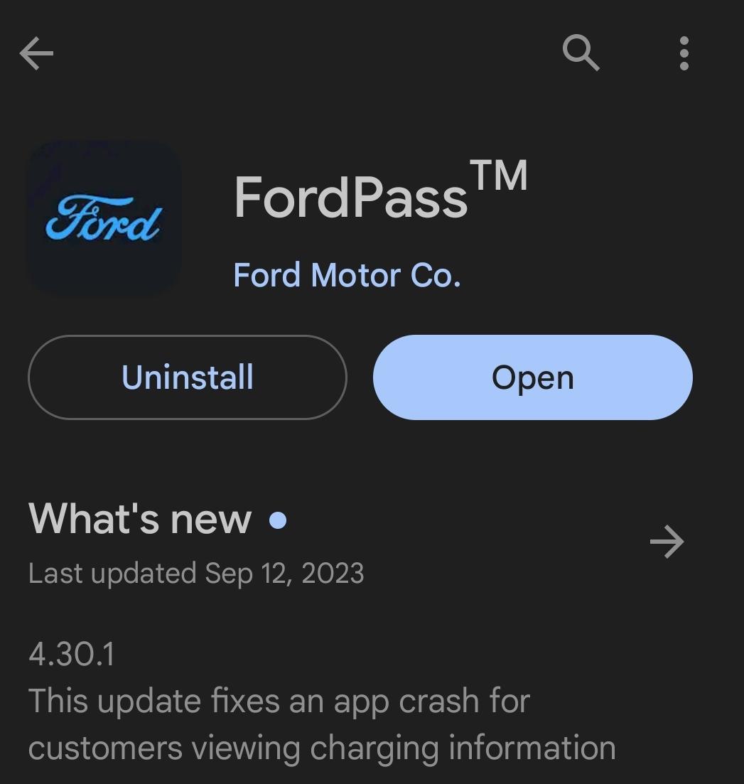 Ford F-150 Lightning FordPass 4.30.2 update (Performance & Bug Fixes v2) SmartSelect_20230913_192948_Google Play Store