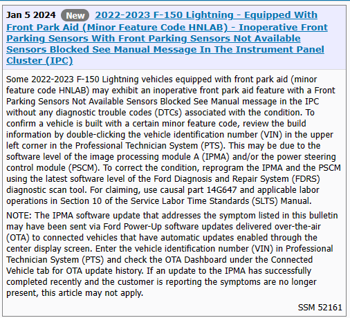 Ford F-150 Lightning Front sensor blocked SSM_52161