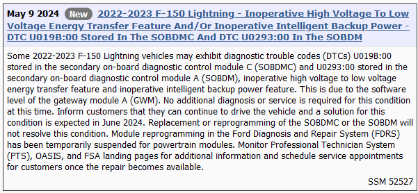 Ford F-150 Lightning 2022-2023 F-150 Lightning - Inoperative High Voltage To Low Voltage Energy Transfer Feature And/Or Inoperative Intelligent Backup Power SSM_52527_Lightning_Energy_Transfer