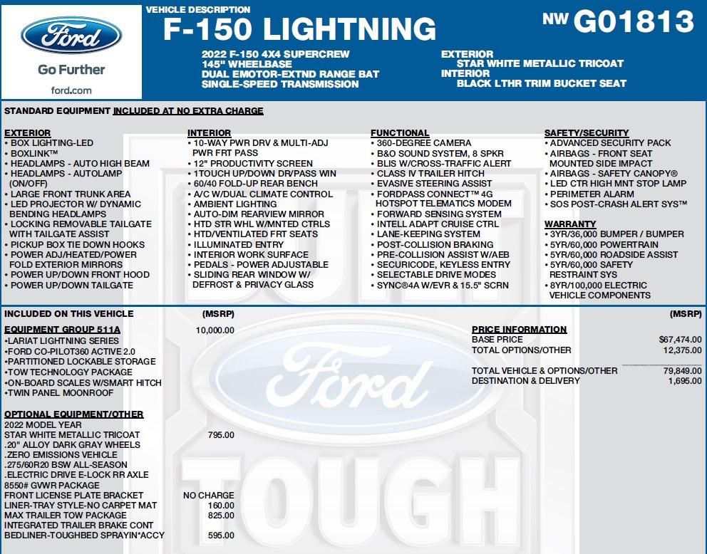 Ford F-150 Lightning F-150 Lightning Lariat Extended Range for Sale (possible swap with cash) Sticker Information