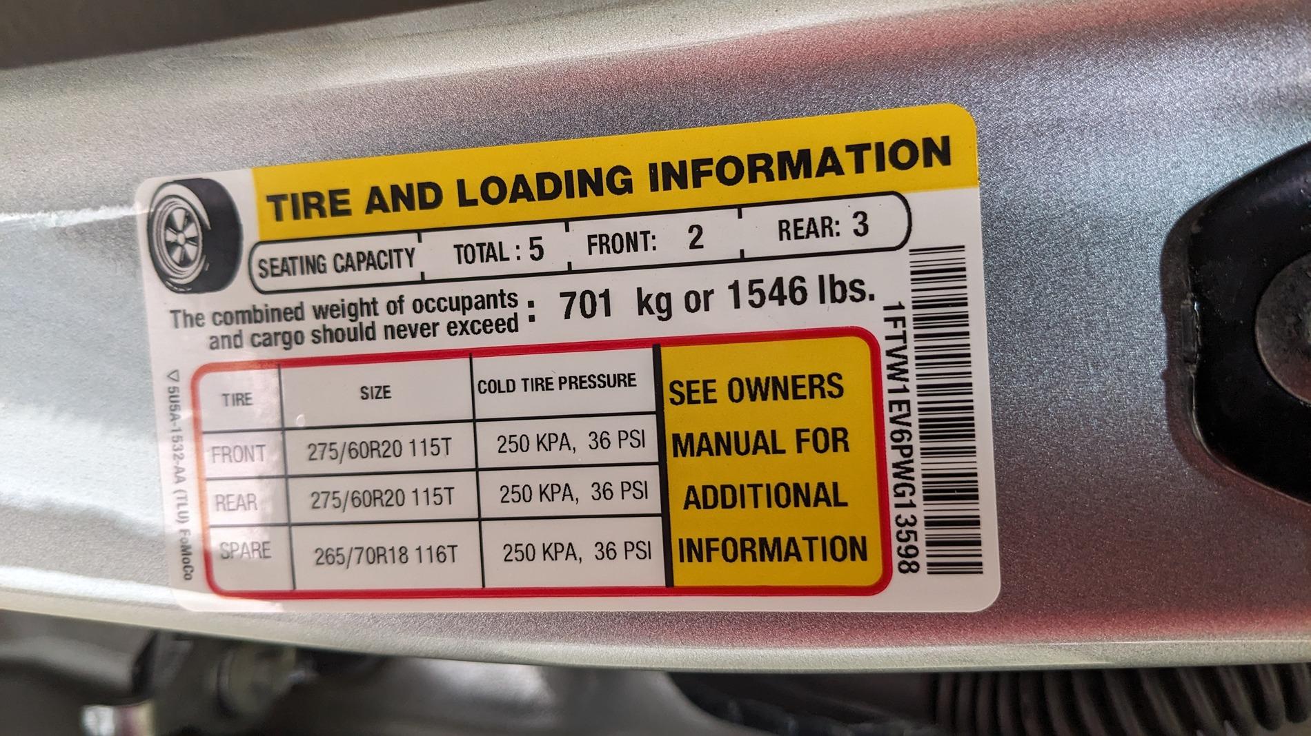 Ford F-150 Lightning Unexpectedly low range tire info door sticker