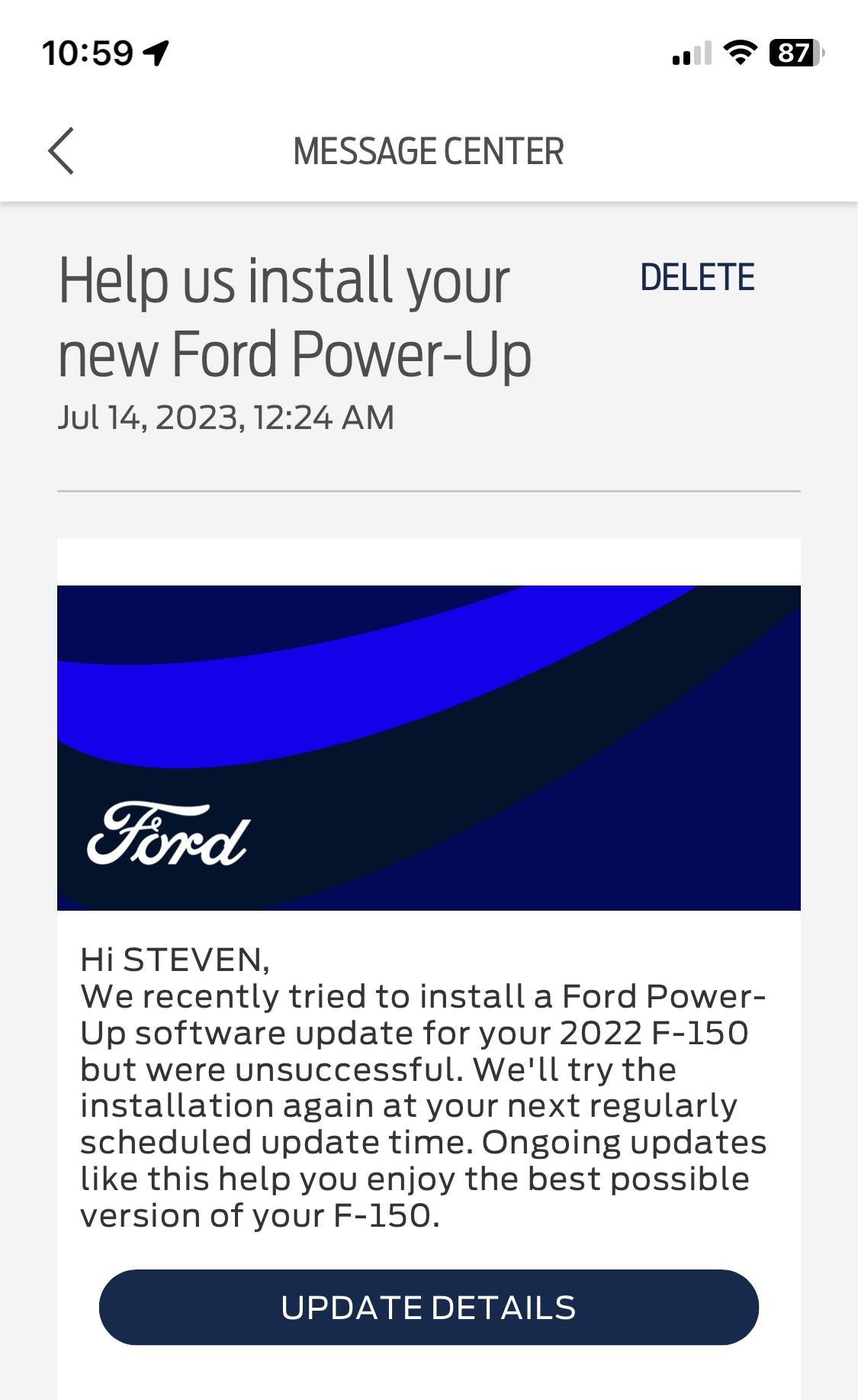 Ford F-150 Lightning Priority Update: 23-PU0306-BCF-DET Update Help Screen