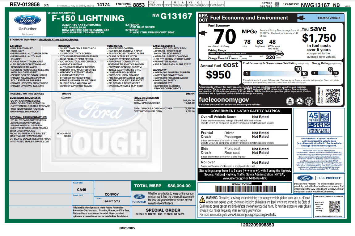 Ford F-150 Lightning ✅ 9/05 Lightning Build Week Group Window Sticker