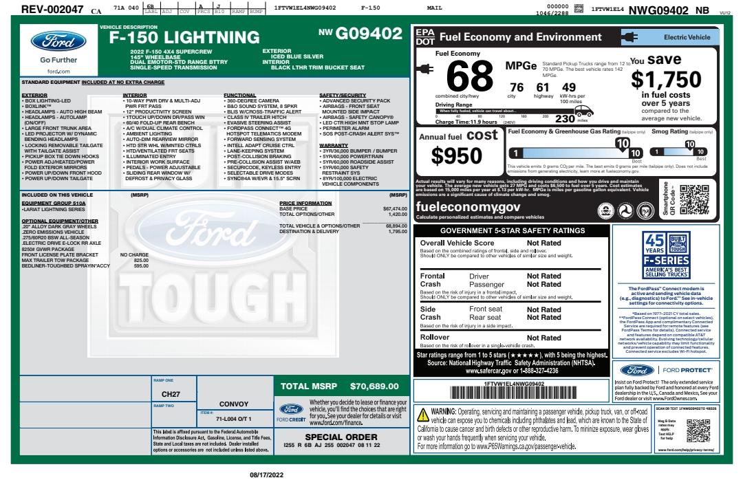 Ford F-150 Lightning Lariat SR with Tow Package $90k OBO- Going Soon windowsticker_220817_110335