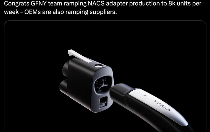 Tesla Announces Hitting 8K Weekly NACS Adaptor Production Output