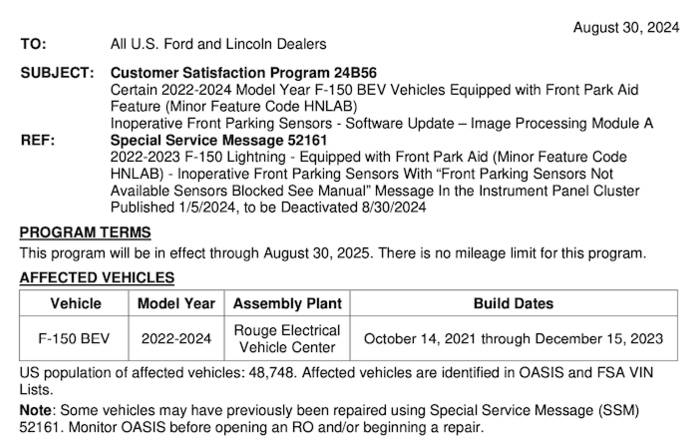 CSP 24B56 - Inoperative Front Parking Sensor(s) - IPMA Software Update for Certain 2022-24 F-150 Lightning Trucks